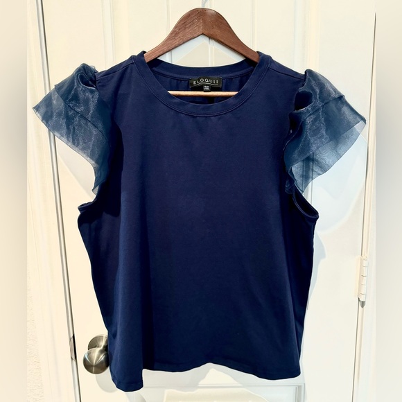 Eloquii Crewneck Sheer Flounce Flutter Short Sleeve Womens Sz 18/20 Navy Blouse - Picture 2 of 9